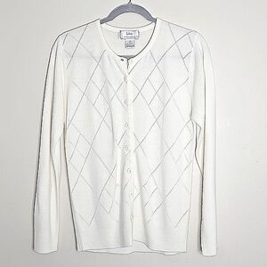 Vintage Lisa International Ivory Cartigan Button down Diamond pattern Small